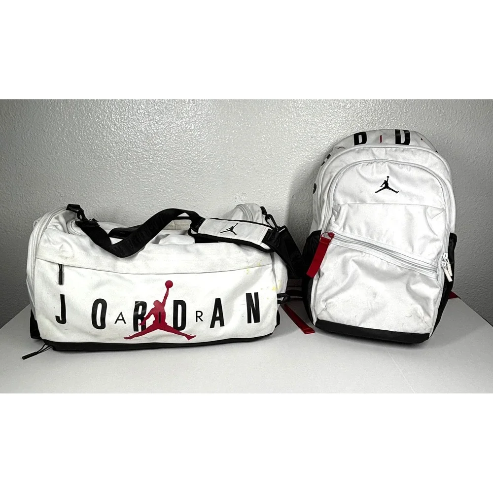2 Nike‎ Jordan Jumpman Duffel Bag + Backpack SET White Black Red Logo 2pc LOT